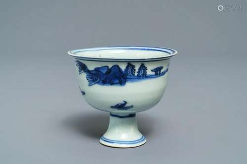 A Chinese blue and white stem cup with landscape