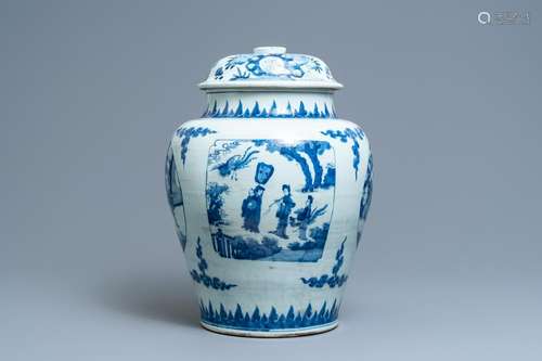 A Chinese blue and white vase and cover with figurative