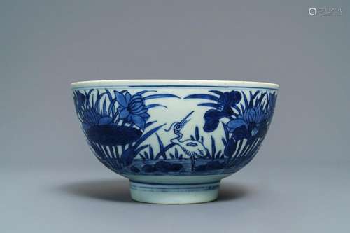 A Chinese blue and white 'cranes by the lotus pond'