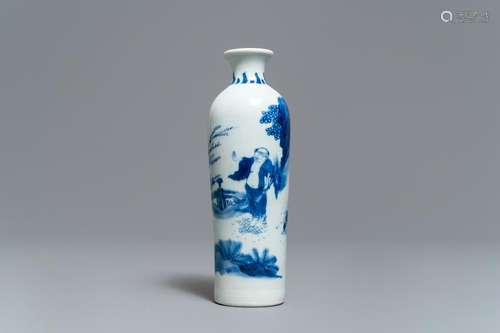 A Chinese blue and white rouleau vase with a figure in