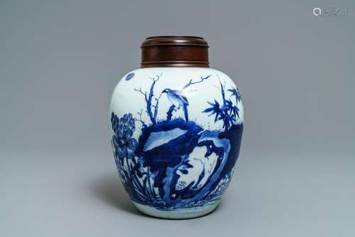 A Chinese blue and white jar with birds among blossoms,