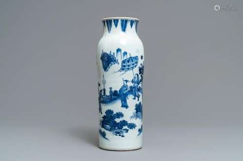 A Chinese blue and white sleeve vase with figural