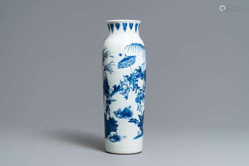 A Chinese blue and white sleeve vase with figural