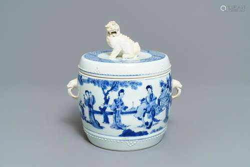 A Chinese blue and white covered bowl with ladies in a