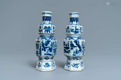 A pair of hexagonal Chinese blue and white vases,