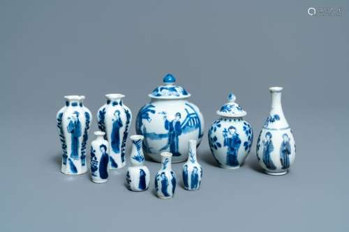 Nine small Chinese blue and white 'Long Eliza' vases,