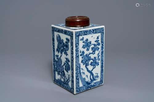 A large square Chinese blue and white tea caddy with