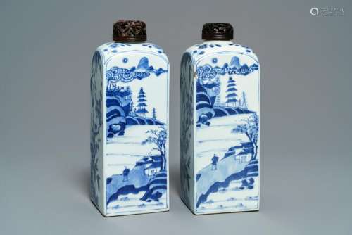 A pair of Chinese blue and white square tea caddies