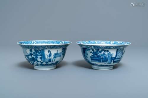 Two Chinese blue and white klapmuts bowls, Kangxi mark