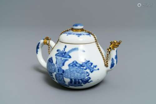 A Chinese blue and white gilt brass-mounted teapot,