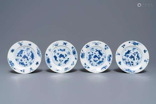 Four Chinese blue and white 'fish in a pond' plates,