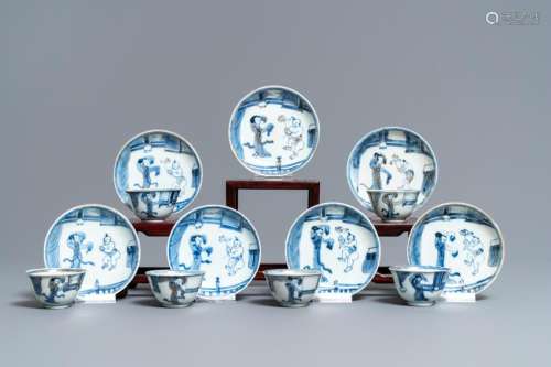 Six Chinese blue and white cups and seven saucers with