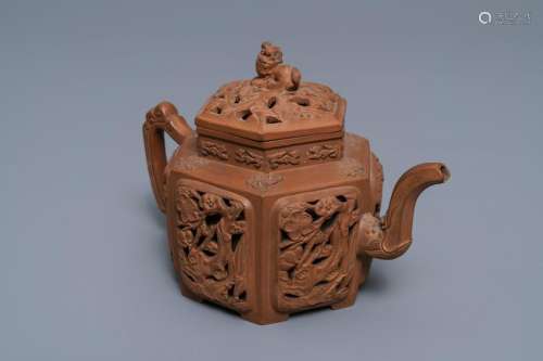 A Chinese Yixing stoneware reticulated teapot and