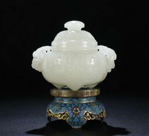 WELL-CARVED WHITE JADE TRIPOD CENSER W/CLOISONNE STAND
