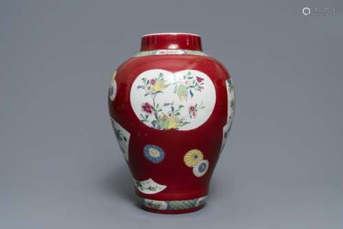 A fine Chinese famille rose ruby ground baluster vase
