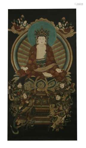 AN OLD HANDPAINTED ON SILK PAINTING, BUDDHA