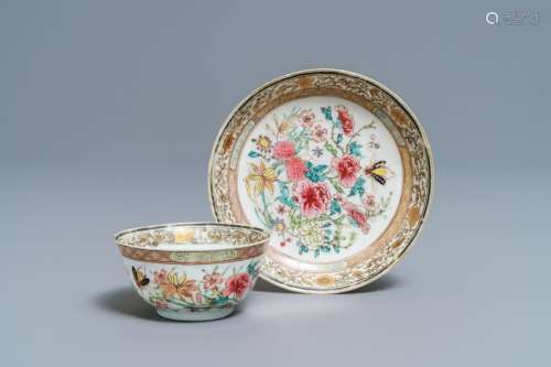 A fine Chinese famille rose cup and saucer with flowers