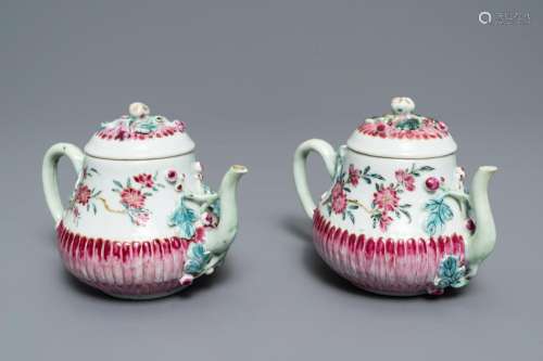 Two Chinese famille rose relief-moulded 'lotus' teapots