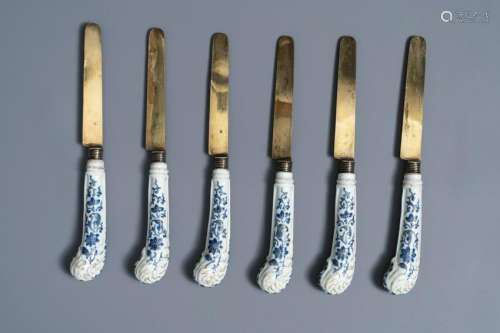 Six Chinese blue, white and gilt knife handles,