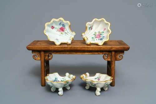 Four Chinese famille rose rocaille-shaped tripod salts,