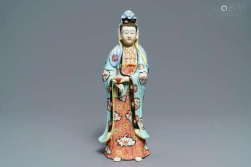 A Chinese famille rose figure of a standing Guanyin,