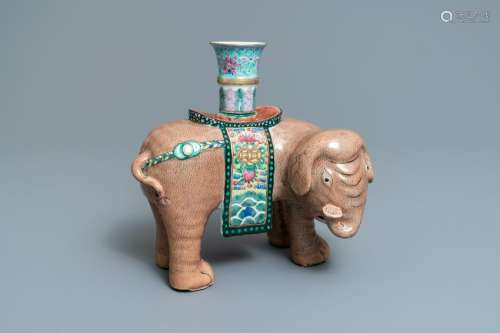 A large Chinese famille rose elephant candle holder,