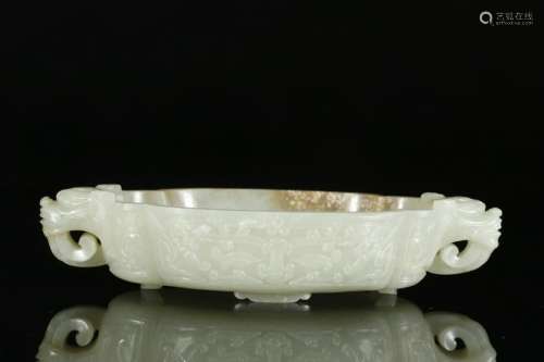 WELL-CARVED WHITE JADE TWO HANDLES BRUSHWASHER