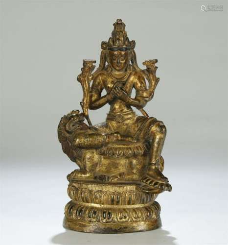 ANTIQUE GILT BRONZE FIGURE OF MANJUSRI NAMASAMGITI