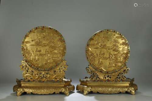 STUNNING PAIR GILT BRONZE CARVED TABLE SCREENS