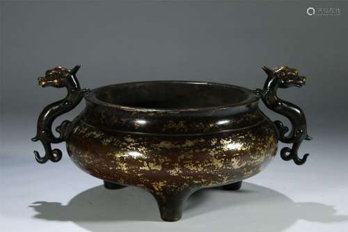 ANTIQUE GOLD SPLASHED BRONZE TRIPOD CENSER