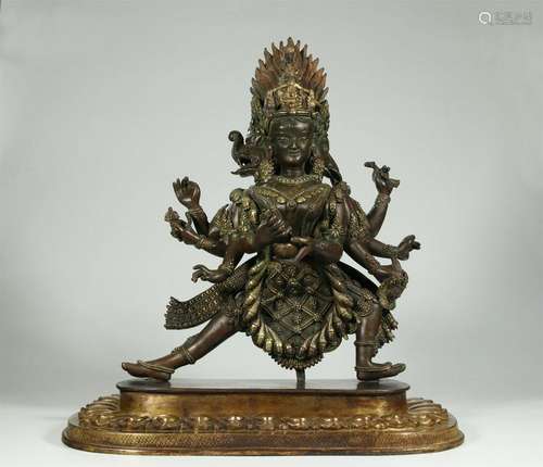 ANTIQUE PARTIAL GILT BRONZE FIGURE OF BUDDHIST DEITY