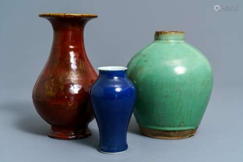 Three Chinese monochrome vases incl. a Yixing stoneware