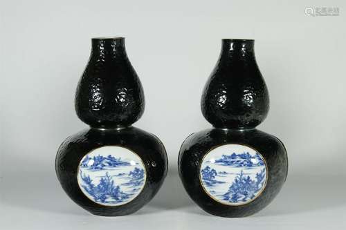 RARE 19THC PAIR BLACK GROUND MEDALLION VASES