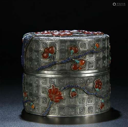 ANTIQUE TIBET AGATE INLAID SILVER BOX