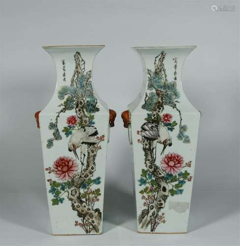 PAIR FAMILLE ROSE SQUARE VASES, REPUBLIC PERIOD