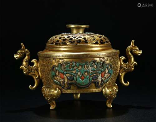 A NICE GEMSTONE INLAID GILT BRONZE TRIPOD CENSER