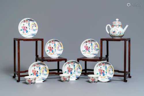 A Chinese famille rose teapot, six saucers and three