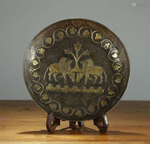 A NICE PARTIAL GILT SILVER CABINET PLATE, HORSE PATTERN