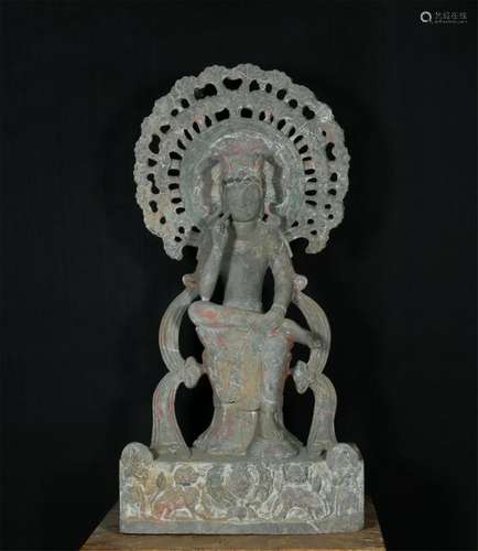 ANTIQUE STONE CARVED GUANYING FIGURE