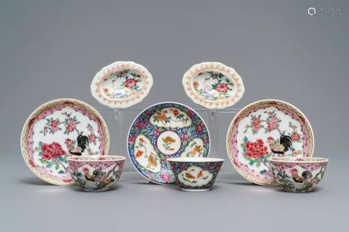 Three Chinese famille rose cups and saucers and a pair