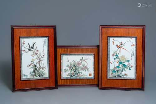 Three Chinese famille rose plaques with birds among