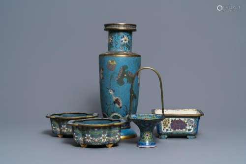 A Chinese cloisonnÃ© rouleau vase and four