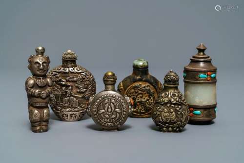 Six Chinese coral and turquoise-inlaid silver and jade