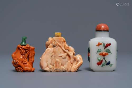 Two Chinese coral snuff bottles and one