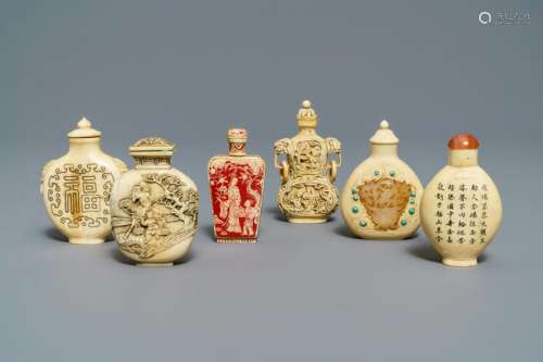Six Chinese carved snuff bottles, 19/20th C.