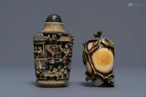 Two Chinese polychrome carved snuff bottles, 19th C.