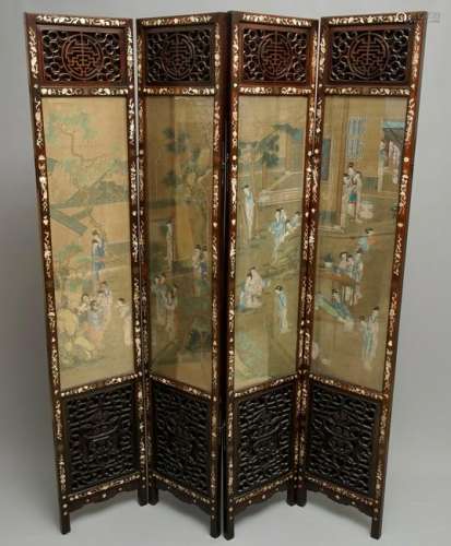 A Chinese mother-of-pearl inlaid wooden screen with