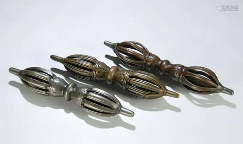 SET OF 3 BONZE VAJRA PESTLES. TIBET