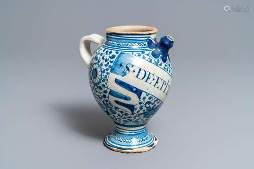 A blue and white Antwerp maiolica wet drug jar, dated