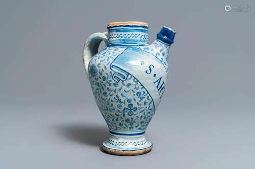 A blue and white Antwerp maiolica wet drug jar, dated